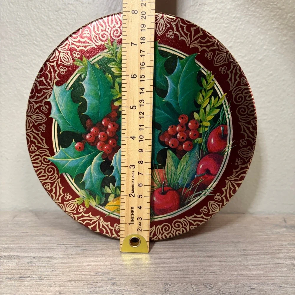 intage 2003 Christmas Cookie Tin Red Metallic Holly Berry Round Holiday Storage